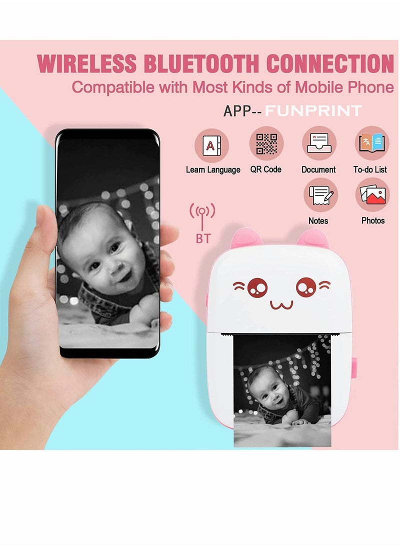 Y&D - Portable Printer, Mini Pocket Printer Wireless Bluetooth Thermal with Printing Paper USB Cable for Note Photo Web Document Label Receipt Study Home Office, Pink - Image 1