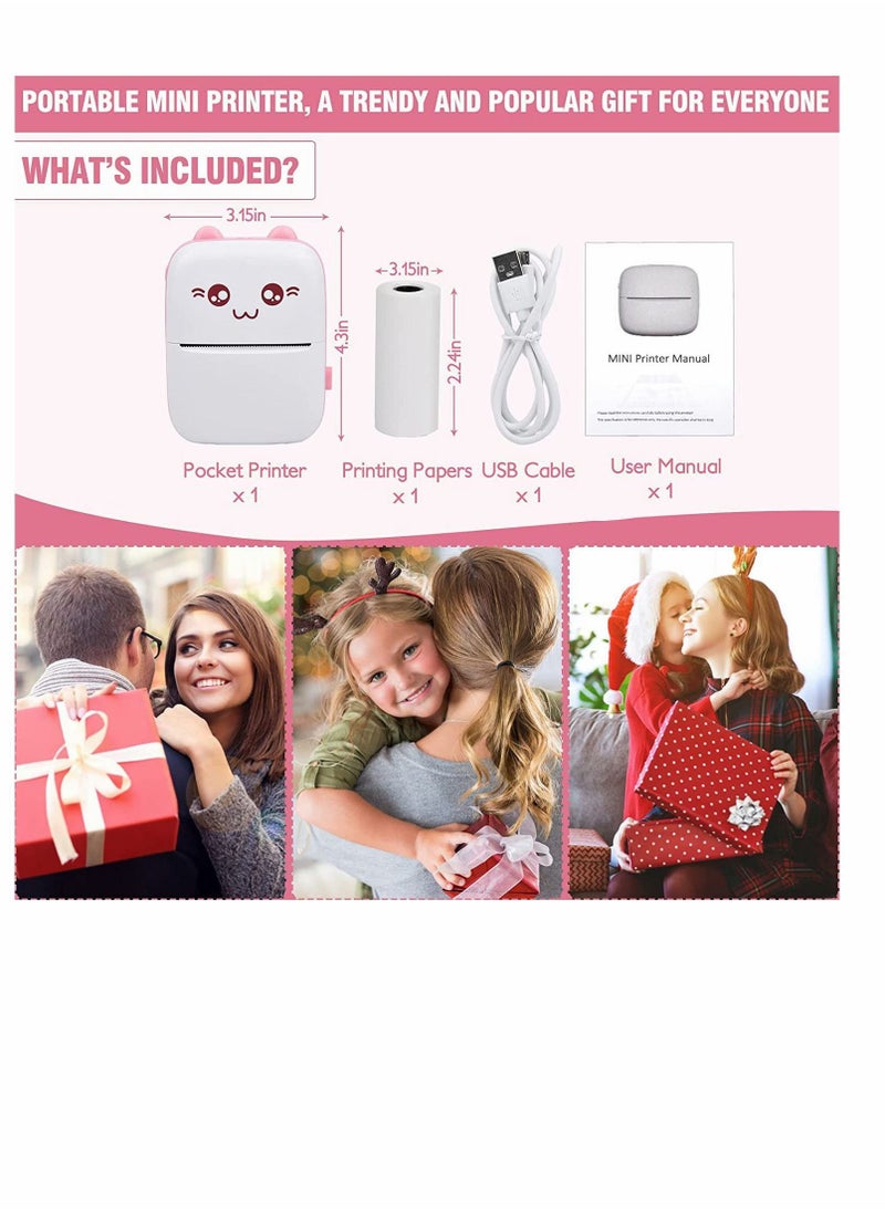 Y&D - Portable Printer, Mini Pocket Printer Wireless Bluetooth Thermal with Printing Paper USB Cable for Note Photo Web Document Label Receipt Study Home Office, Pink - Image 1
