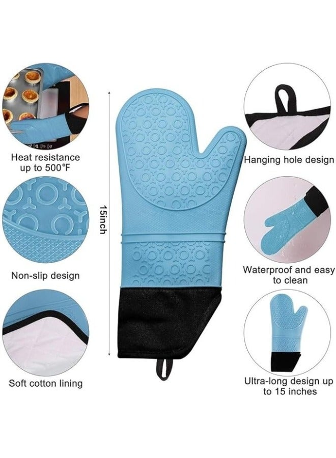 Professional Silicone Oven Mitt and Pot Holder Heat Resistant up to 500°F with Cotton Lined Interior Non-Slip, Suitable for Kitchen Oven Baking, Oven and Microwave - Blue