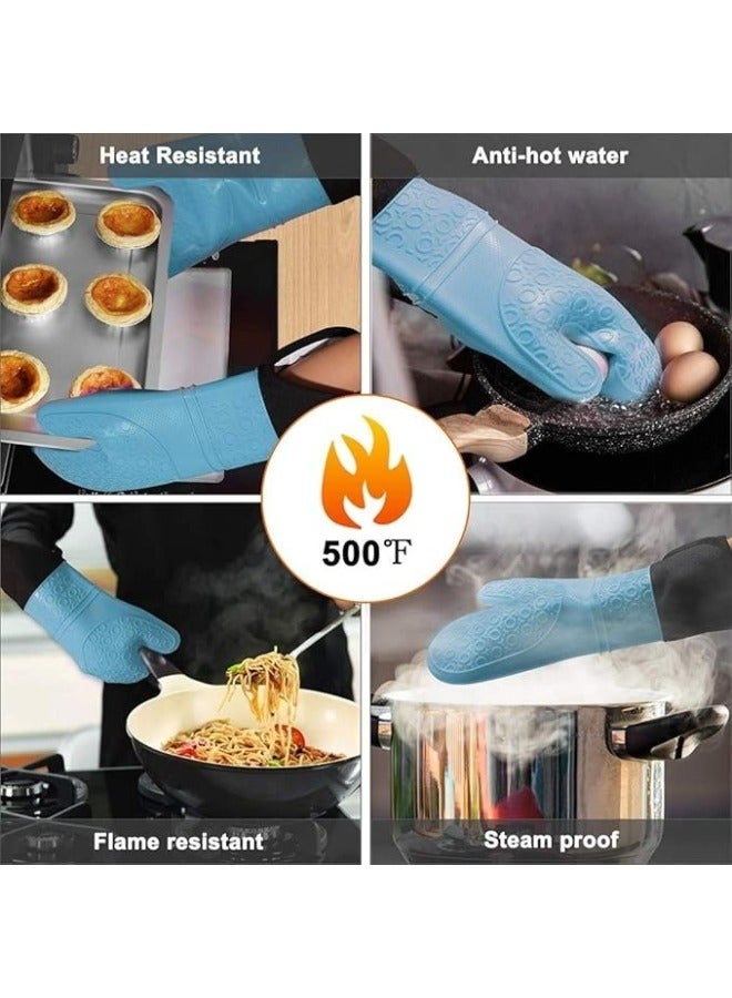Professional Silicone Oven Mitt and Pot Holder Heat Resistant up to 500°F with Cotton Lined Interior Non-Slip, Suitable for Kitchen Oven Baking, Oven and Microwave - Blue
