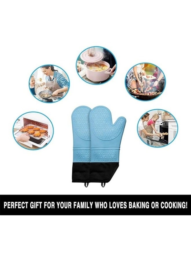 Professional Silicone Oven Mitt and Pot Holder Heat Resistant up to 500°F with Cotton Lined Interior Non-Slip, Suitable for Kitchen Oven Baking, Oven and Microwave - Blue