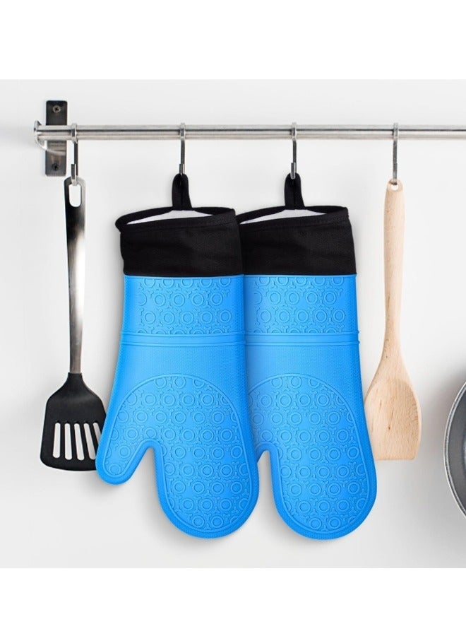Professional Silicone Oven Mitt and Pot Holder Heat Resistant up to 500°F with Cotton Lined Interior Non-Slip, Suitable for Kitchen Oven Baking, Oven and Microwave - Blue