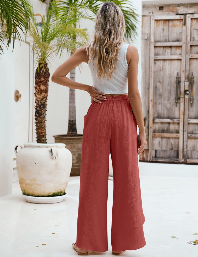 BMJL Womens Palazzo Linen Pants High Waisted Side Split Boho Beach Pant Summer Flowy Wide Leg Trousers(M,Brick Red) - Image 2