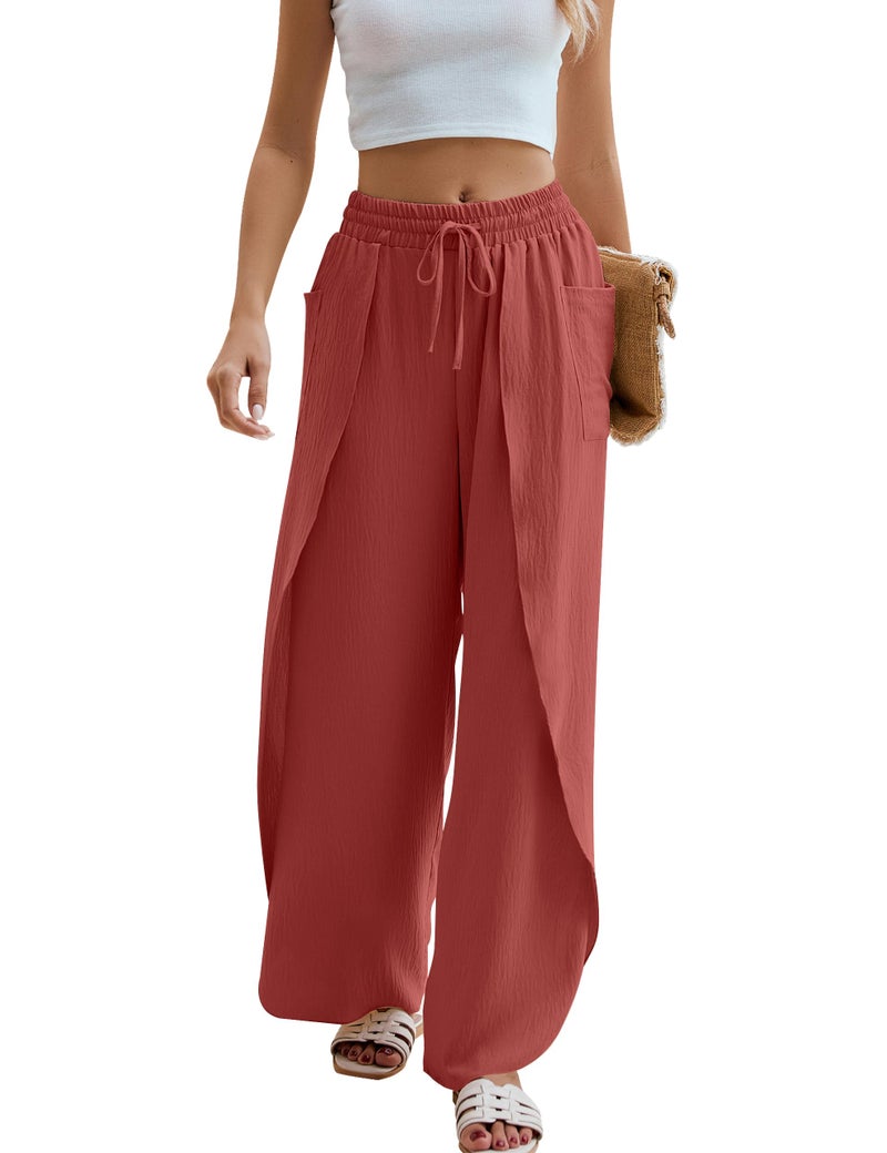 BMJL Womens Palazzo Linen Pants High Waisted Side Split Boho Beach Pant Summer Flowy Wide Leg Trousers(M,Brick Red) - Image 1