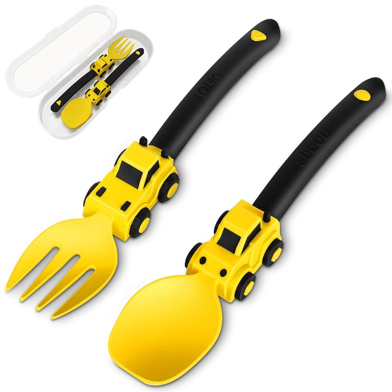 Deinyi Construction Toddler Utensils - Toddler Forks and Spoons - Kids Construction Toys Utensils - Forks and Spoons Silverware Set - Easter Birthday Gift for 1 2 3 4 5 year old, Yellow - Image 1