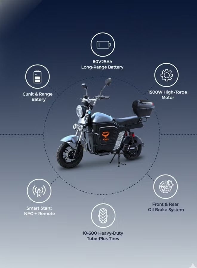 سكوتر كهربائي للكبار ببطارية ليثيوم 60V وقوة 1500W مع كفرات تيوب بلس وتشغيل NFC وفرامل زيت - Image 3