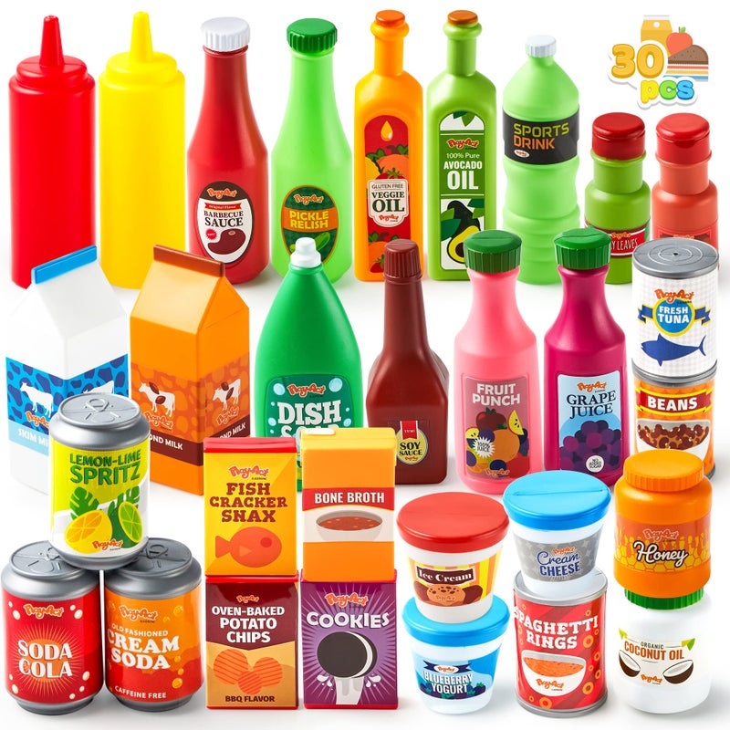 JOYIN 30Pcs Play Food Grocery Cans, Play Kitchen Accessories, Includes Drink, Juice, Jar, Seasoning, Water Bottle, Sauce, Yogurt, Ice Cream, Snack Box, Kids Gifts & Indoor Toys - Image 1