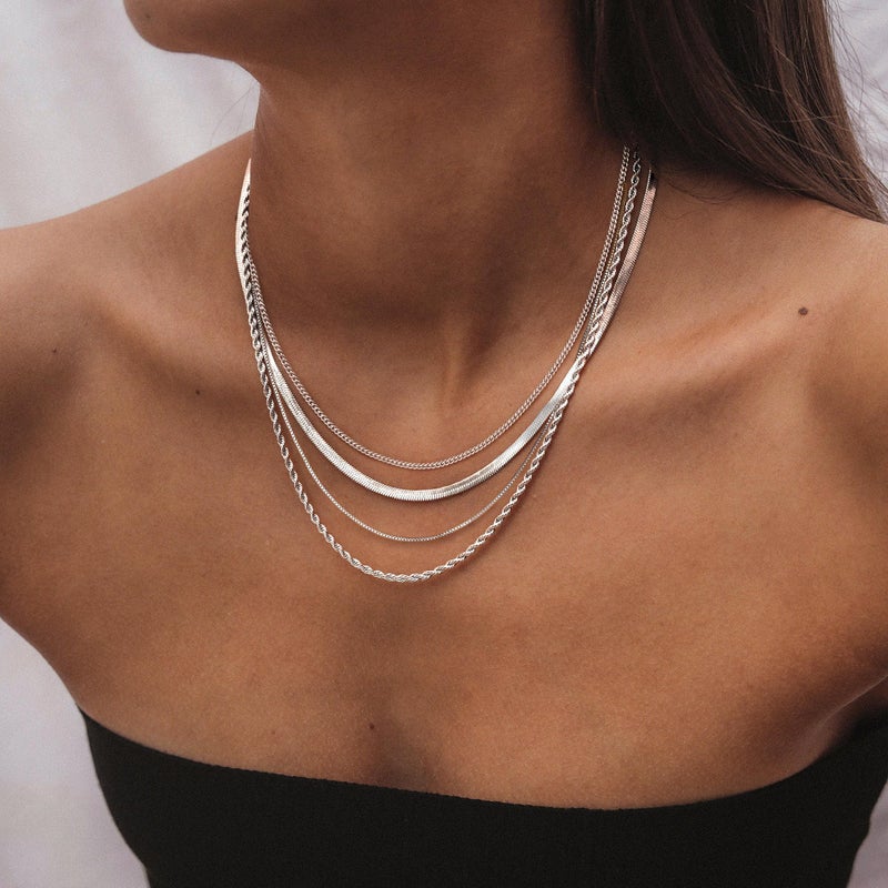 Tewiky Layered Necklaces for Women Non Tarnish- Chunky Silver Plated Herringbone/Snake/Rope/Box/Cuban Link Chain for Women Waterproof Layering Stack Choker Necklace Trendy Dainty Tarnish Free Jewelry Set - Image 4