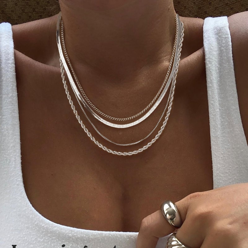 Tewiky Layered Necklaces for Women Non Tarnish- Chunky Silver Plated Herringbone/Snake/Rope/Box/Cuban Link Chain for Women Waterproof Layering Stack Choker Necklace Trendy Dainty Tarnish Free Jewelry Set - Image 2