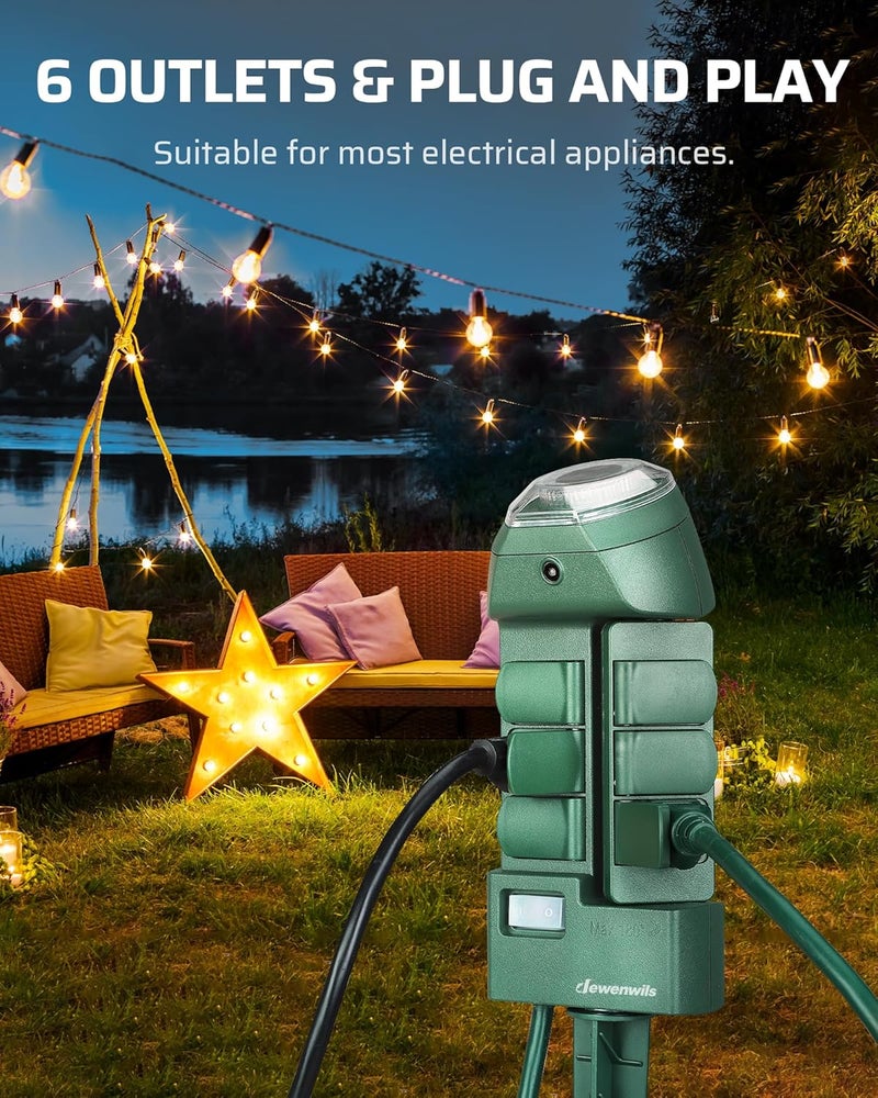 DEWENWILS Outdoor Power Strip Timer with Photocell, Weatherproof Countdown Light Control, 6 Outlets 10ft Cord Dusk to Dawn Outdoor Timer for Christmas Lights, Yard, 1875W/15A UL Listed - Image 2