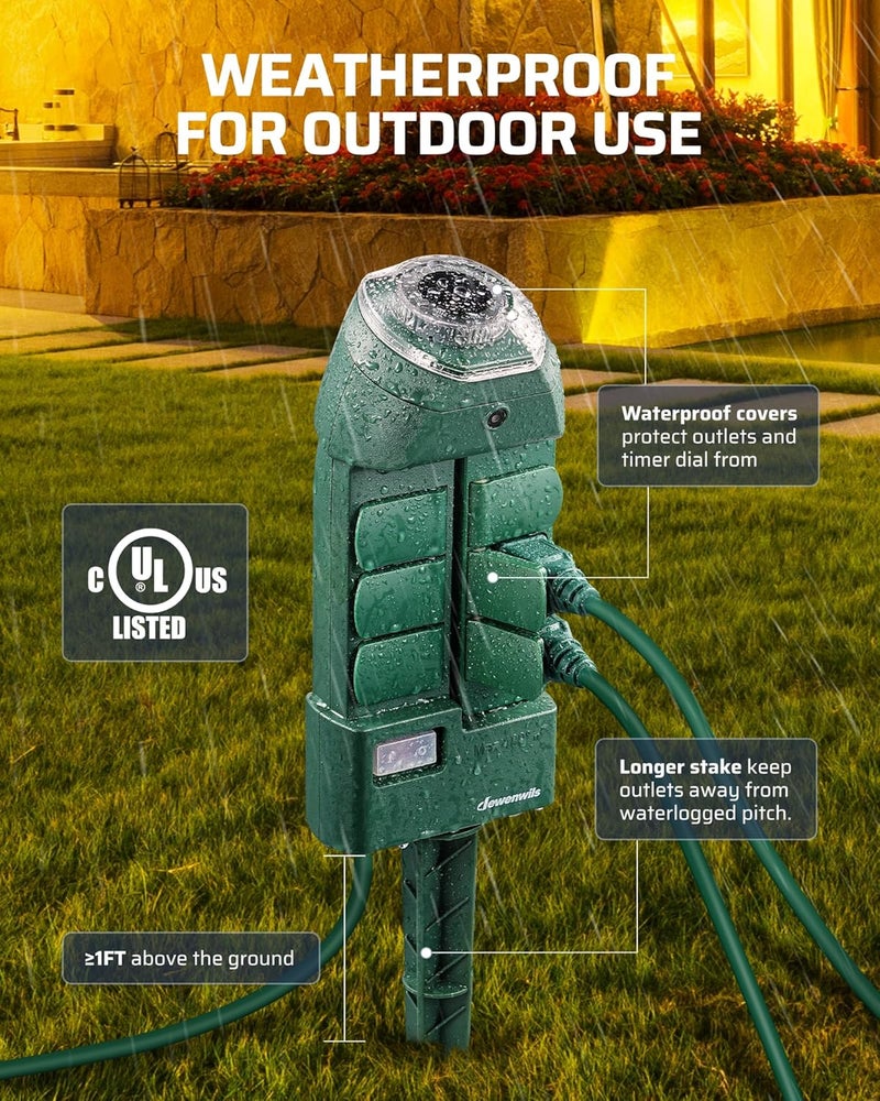 DEWENWILS Outdoor Power Strip Timer with Photocell, Weatherproof Countdown Light Control, 6 Outlets 10ft Cord Dusk to Dawn Outdoor Timer for Christmas Lights, Yard, 1875W/15A UL Listed - Image 4