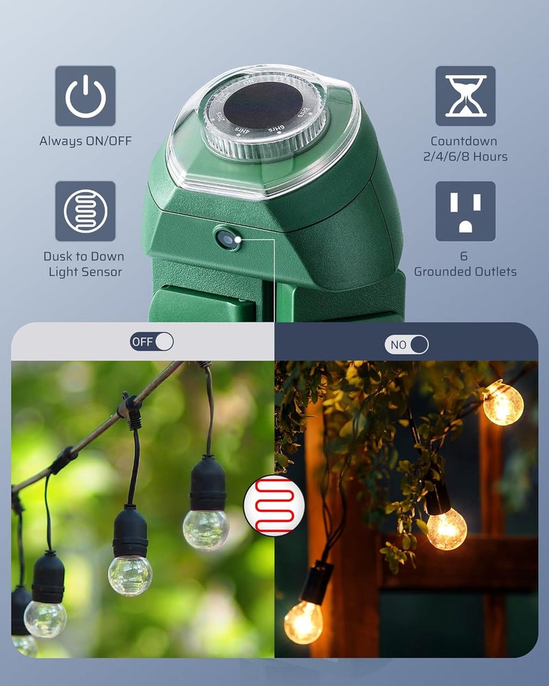 DEWENWILS Outdoor Power Strip Timer with Photocell, Weatherproof Countdown Light Control, 6 Outlets 10ft Cord Dusk to Dawn Outdoor Timer for Christmas Lights, Yard, 1875W/15A UL Listed - Image 3