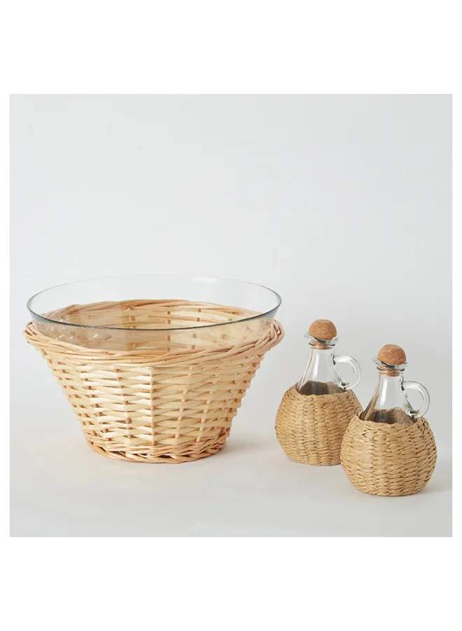 Home Box Minimalist 3-Piece Glass Serving Bowl Set with Oil Bottle 28.8x28.8x16.9 cm
