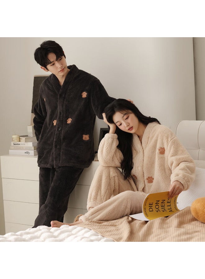 Modal Winter New Couple Pajamas Women Winter Cardigan Thickened Fleece Coral Velvet Warm Men's Homewear Set - Image 5