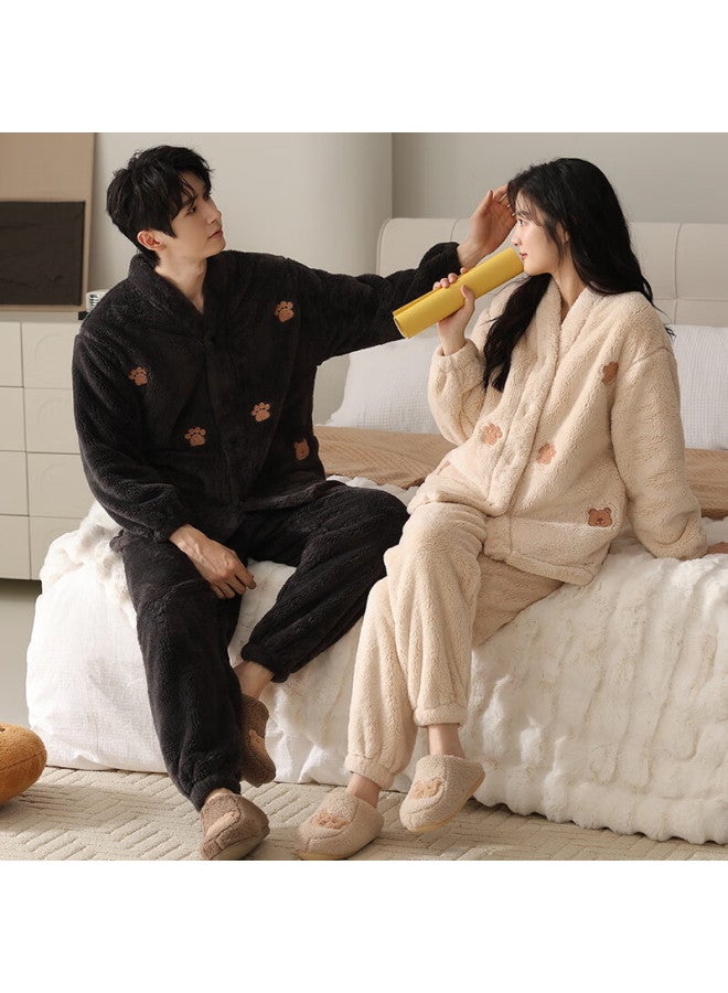 Modal Winter New Couple Pajamas Women Winter Cardigan Thickened Fleece Coral Velvet Warm Men's Homewear Set - Image 3