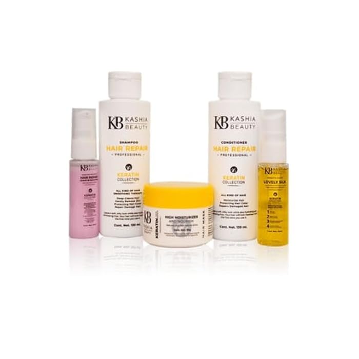 KASHIA BEAUTY Keratin Treatment Travel Kit 5pc – Hair Repair & Protection Set with Shampoo Conditioner & Mask – Shields Against Sun Salt & Chlorine – Travel Essentials for Healthy Shiny Hair - Image 1