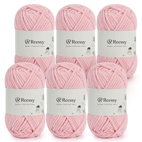 Reessy Bulky Chenille Yarn for Crocheting – 6 Pack of 50g/1.76oz Skeins, Pure Polyester, CYC #5 Bulky Weight – Ultra Soft Chenille Yarn Pack for Crafting Plush Toys, Blankets, Scarves(Blossom Pink) - Image 1