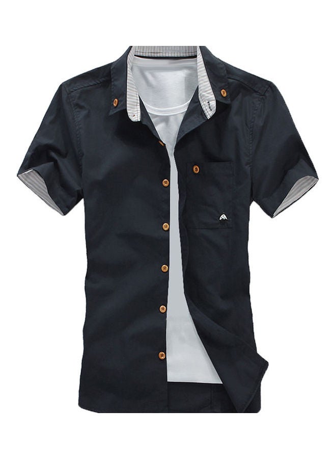 NIBEMINENT Men Solid Colour Turndown Collar Short Sleeve Button Embroidered Slim Fit Shirt Black  - Image 1