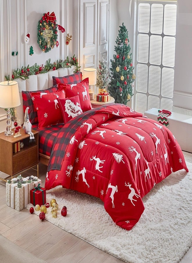 Flysheep Christmas Bed in a Bag 7 Pieces Queen, White Deer and Snowflake on Red Design, Soft Microfiber Comforter Set for All Season (1 Comforter, 2 Pillow Shams, 1 Flat Sheet, 1 Fitted Sheet, 2 Pillowcases) - Image 2