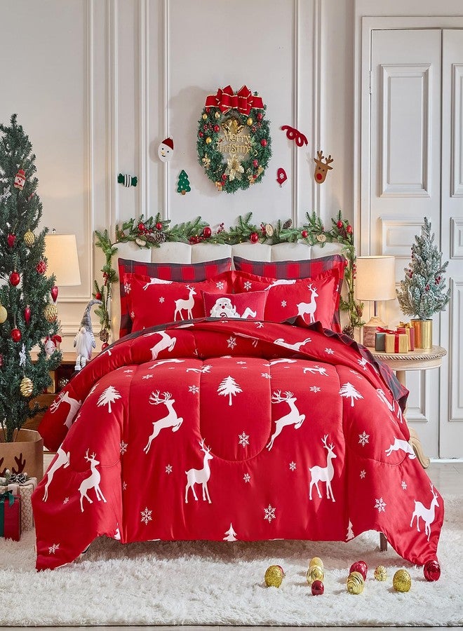 Flysheep Christmas Bed in a Bag 7 Pieces Queen, White Deer and Snowflake on Red Design, Soft Microfiber Comforter Set for All Season (1 Comforter, 2 Pillow Shams, 1 Flat Sheet, 1 Fitted Sheet, 2 Pillowcases) - Image 1