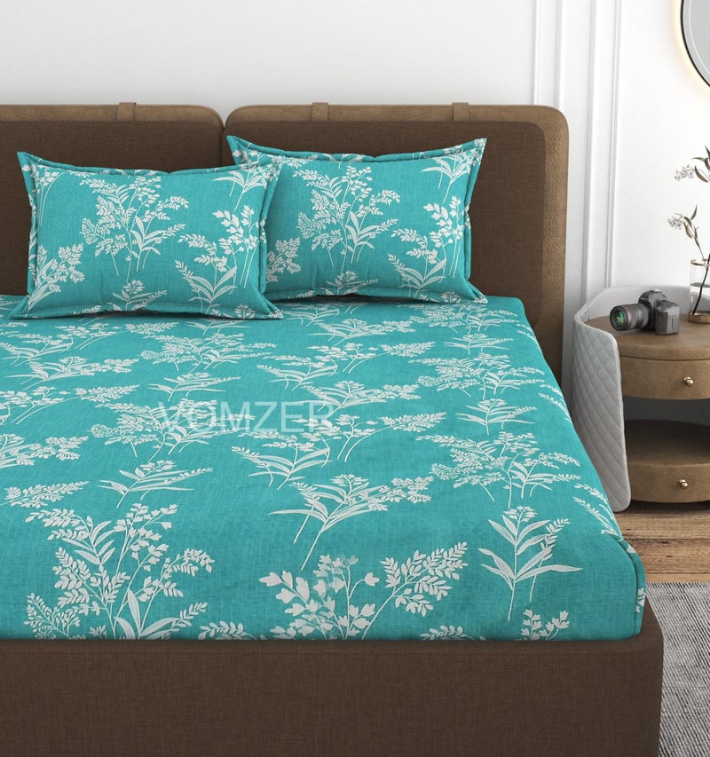 VOMZER 320 TC Cotton Feel All Around Elastic Fitted Floral Bedsheets King Size, Premium Fitted Bedsheets King Size for Double Bed with 2 Pillow Covers, Size- 78 x 72 (Aqua Lily) - Image 1