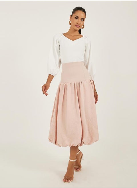 High Rise Balloon Hem A-Line Midi Skirt