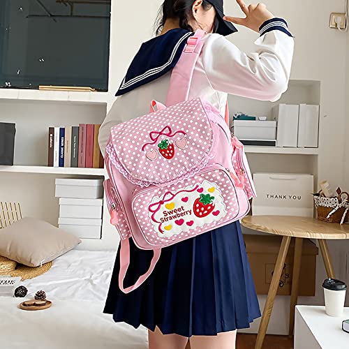 Lovemore Kawaii Embroidery Strawberry Backpack for Girl Teen Student School Bag Satchel Cute Pink Lace JK Backpack - Image 4