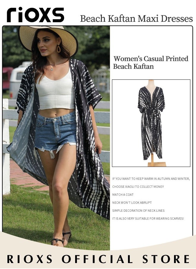 RIOXS - Women's Casual Printed Beach Cover Ups Short Sleeve Kimono Cardigan Loose Beach Swimsuit Dress - Image 1