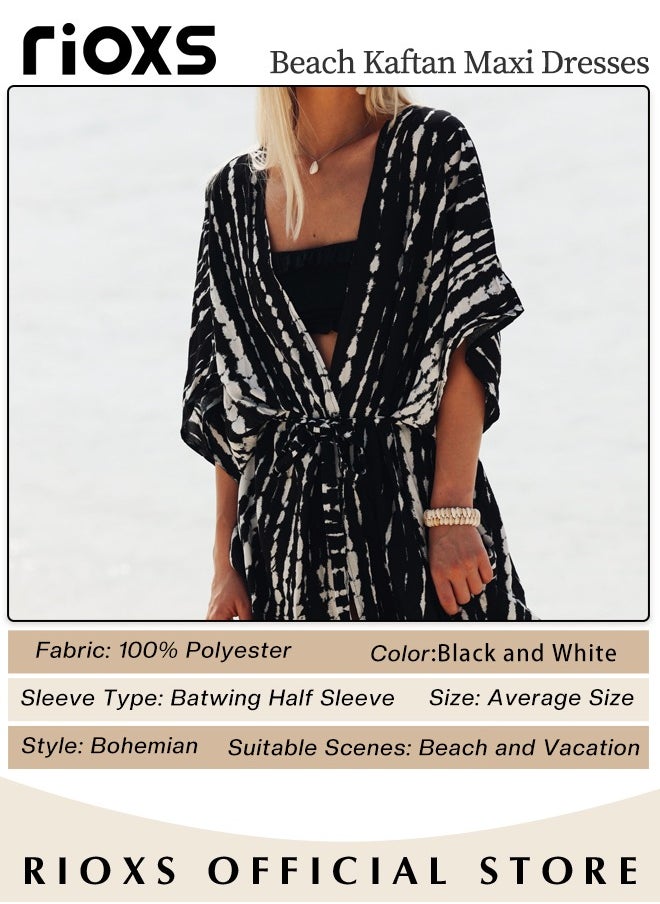 RIOXS - Women's Casual Printed Beach Cover Ups Short Sleeve Kimono Cardigan Loose Beach Swimsuit Dress - Image 1