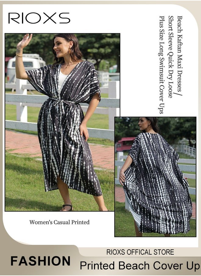 RIOXS - Women's Casual Printed Beach Cover Ups Short Sleeve Kimono Cardigan Loose Beach Swimsuit Dress - Image 1