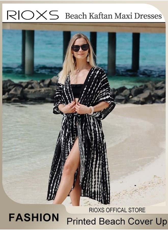 RIOXS - Women's Casual Printed Beach Cover Ups Short Sleeve Kimono Cardigan Loose Beach Swimsuit Dress - Image 1