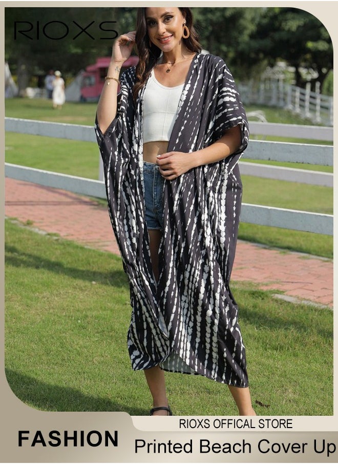 RIOXS - Women's Casual Printed Beach Cover Ups Short Sleeve Kimono Cardigan Loose Beach Swimsuit Dress - Image 1