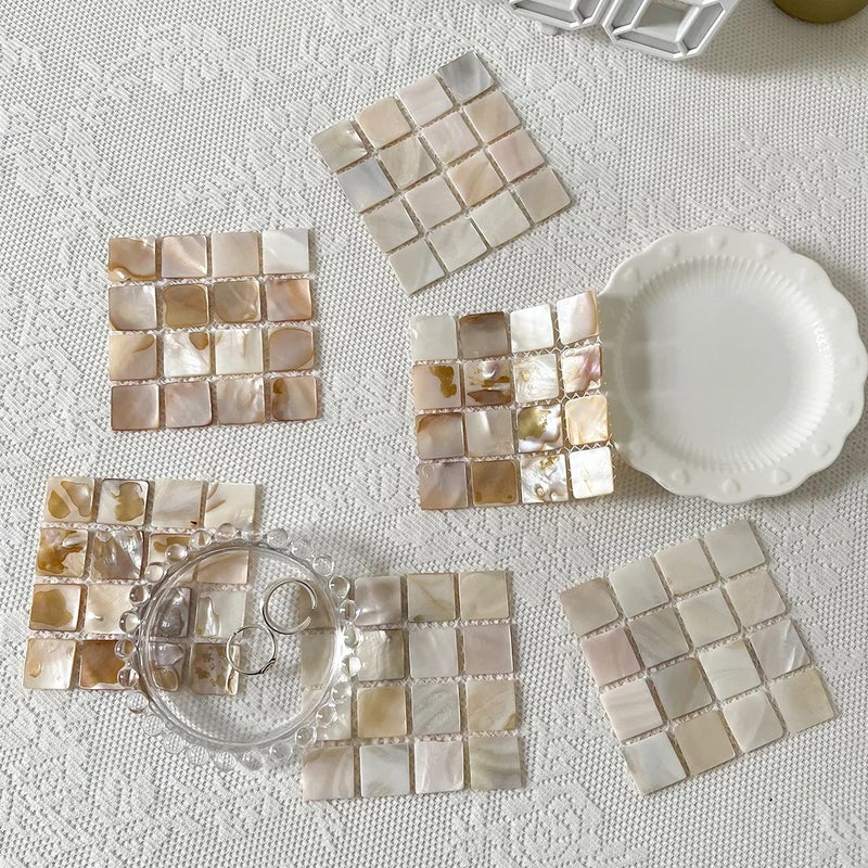 Y&D Natural Conch Shell Square Coasters – Mosaic Insulated Coasters for Hot & Cold Drinks, Stylish Photography Props & Coastal Room Decor - Image 5
