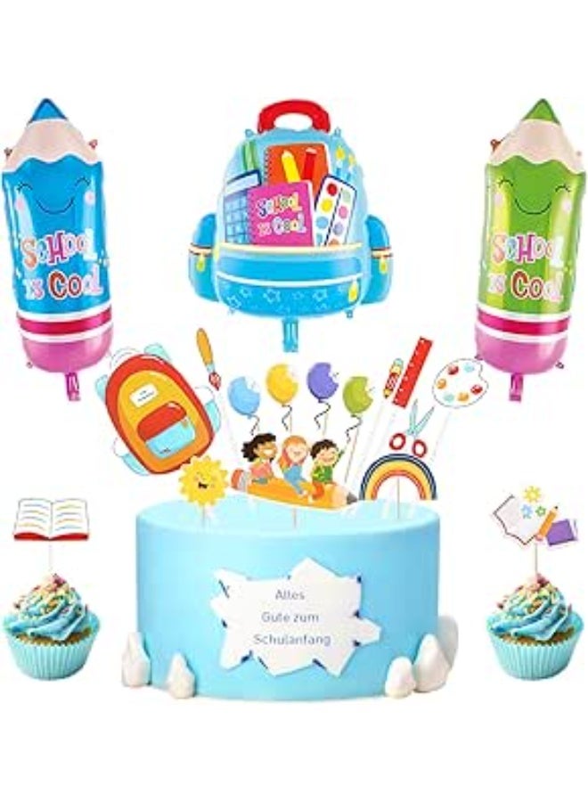 Back to School Decoration, Back to School Decoration Set, School Decoration Set with 1 School Ball + 2 Plastic Pencil Balloons + 15 Back to School Cupcake Toppers