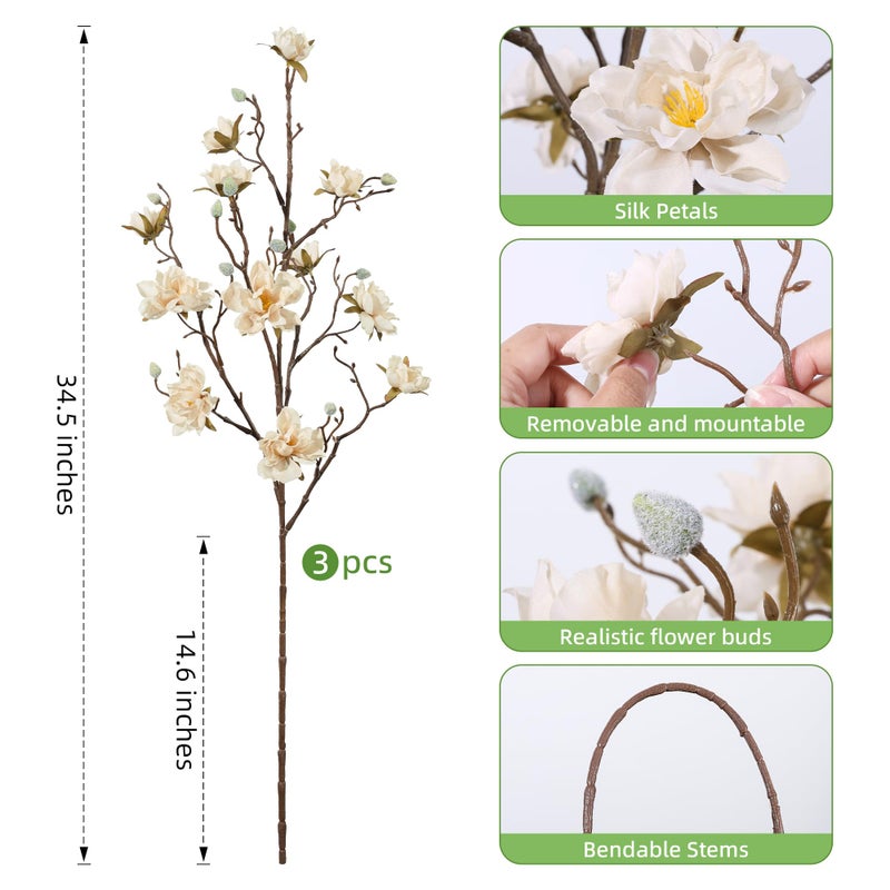 HyeFlora 3PCS Artificial Magnolia Flowers Stems for Spring Decoration, Faux Champagne Magnolia Branches with Buds, 34.5" Long Stems Floral Arrangement for Vase Pot Table Centerpiece Indoor Decor - Image 3