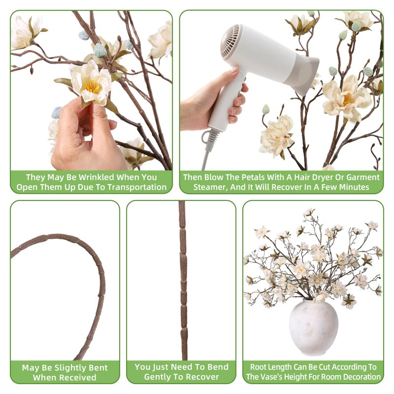 HyeFlora 3PCS Artificial Magnolia Flowers Stems for Spring Decoration, Faux Champagne Magnolia Branches with Buds, 34.5" Long Stems Floral Arrangement for Vase Pot Table Centerpiece Indoor Decor - Image 4