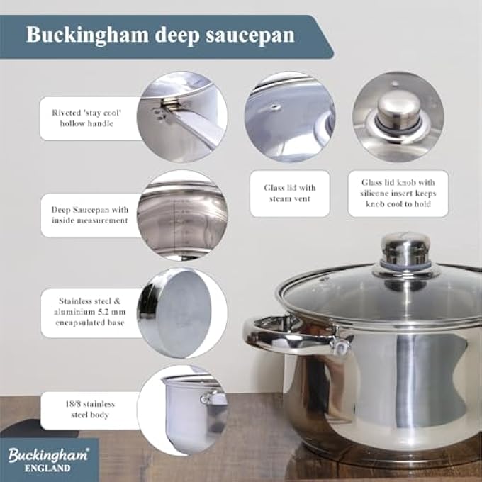 Buckingham Stainless Steel Induction Deep Saucepan With Glass Lid Cooking Pot 20 Cm70612 - Image 4