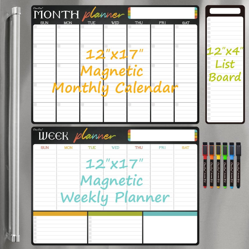 Clever Clean Magnetic Dry Erase Monthly Calendar Set 17x12 Monthly and Weekly Calendar 4x12 List Board for Fridge 6 Extra Fine Point Markers Included Shipped Flat - Image 2