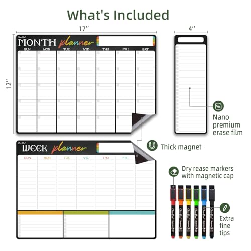 Clever Clean Magnetic Dry Erase Monthly Calendar Set 17x12 Monthly and Weekly Calendar 4x12 List Board for Fridge 6 Extra Fine Point Markers Included Shipped Flat - Image 3