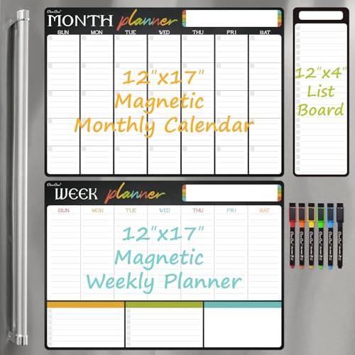 Clever Clean Magnetic Dry Erase Monthly Calendar Set 17x12 Monthly and Weekly Calendar 4x12 List Board for Fridge 6 Extra Fine Point Markers Included Shipped Flat - Image 1