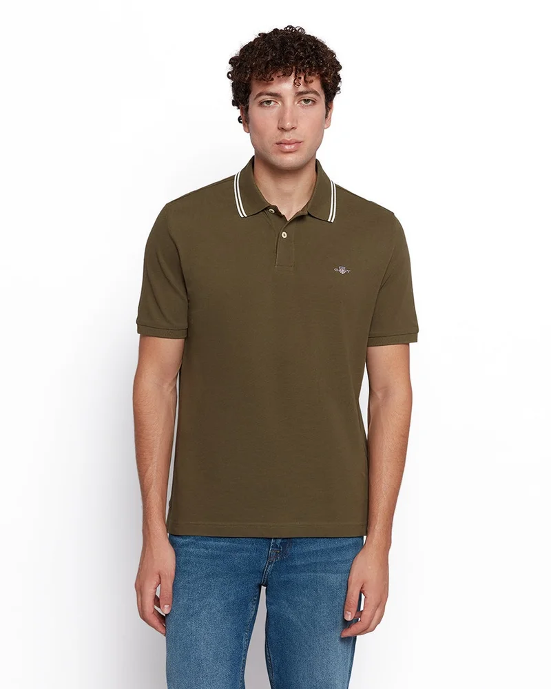 غانت قميص بولو رجالي بأكمام قصيرة وياقة مخططة من غانت