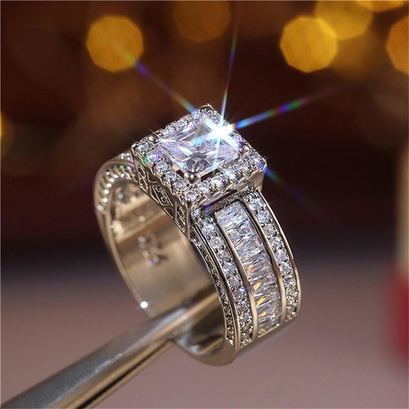925 Sterling Silver Shiny Full Diamond Gemstone Ring Cubic Zirconia Rings CZ Diamond Multi Row Ring Eternity Engagement Wedding Band Ring for Women US Code 6