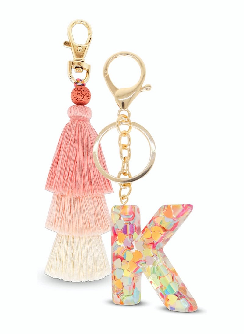 Zikra Tassel Key Ring and Letter Keychain, 2pcs Boho Key Ring Bag Pendant Hand-woven Retro Volcanic Stone Keychain Pendant for Purse Handbags Women Girl, Alphabet Heart Sequin Keychain (Random Color) - Image 1