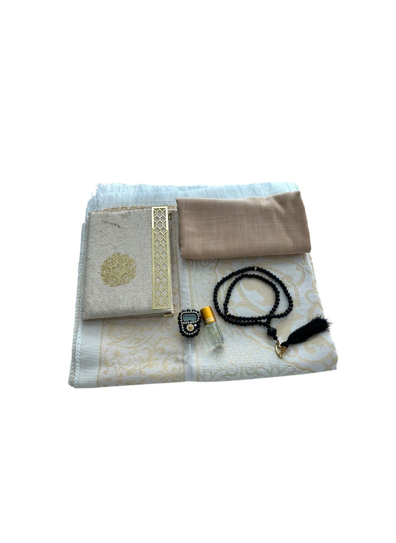 Generic Sajadati Deluxe Muslim Prayer Gift Set – Holy Quran, Premium Salah Mat, Head Scarf, Tasbih Beads & Digital Counter, Oud Oil – Elegant Amber Islamic Gift for Ramadan, Eid & Special Occasions  - Image 2