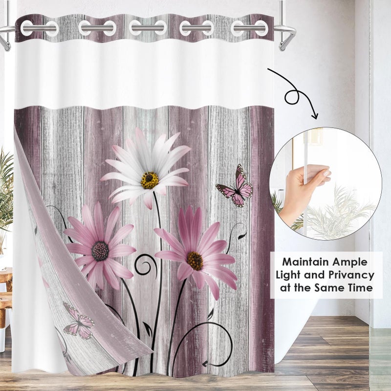 NESPHY NO HOIK FLOWER DAISY SARTAINT مع SNAP في بطانة القماش مجموعة وردي مزرعة Rustic Farmhouse مزدوجة النسيج مقاوم للماء مع رؤية من خلال النافذة العلوية مفتوحة الحمام ستارة 71 × 74 بوصة - Image 4