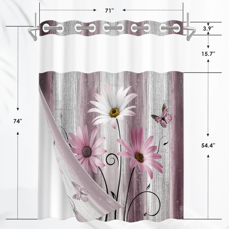NESPHY NO HOIK FLOWER DAISY SARTAINT مع SNAP في بطانة القماش مجموعة وردي مزرعة Rustic Farmhouse مزدوجة النسيج مقاوم للماء مع رؤية من خلال النافذة العلوية مفتوحة الحمام ستارة 71 × 74 بوصة - Image 2