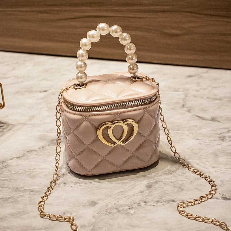 Womens bag 2021 new double heart Pearl hand-held small jelly bag foreign trade bag trademark is different order please ask Lotus root color