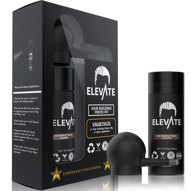 ELEVATE Hair Perfecting 2in1 Kit  Set Includes Natural Hair Thickening Fibers  Spray Applicator Pump Nozzle  Instantly Conceal  Thicken Thinning or Balding Hair Areas for Men Women Dark Brown