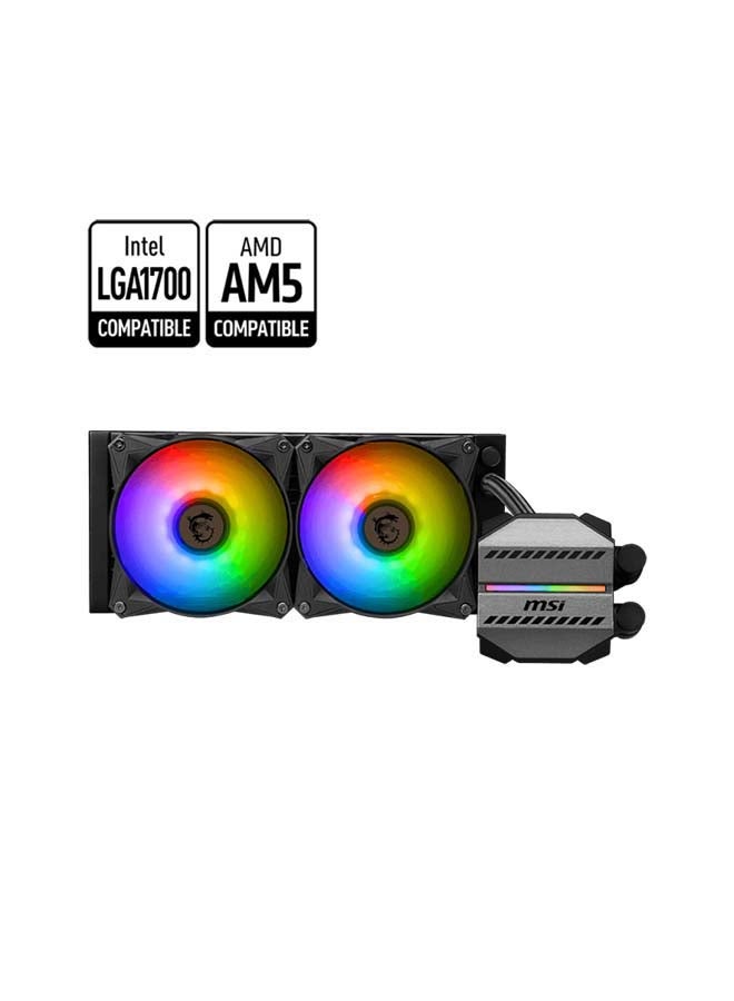 إم اس أي مبرد سائل MAG CORELIQUID M240 AIO، مشعاع 240 مم، 78 73 CFM، سرعة المروحة 2000 دورة في الدقيقة، مروحتان ARGB 120 مم، محمل كروي، صفيحة نحاسية مرتفعة، أنابيب مقواة، أسود 306-7ZW4R14-813 - Image 1