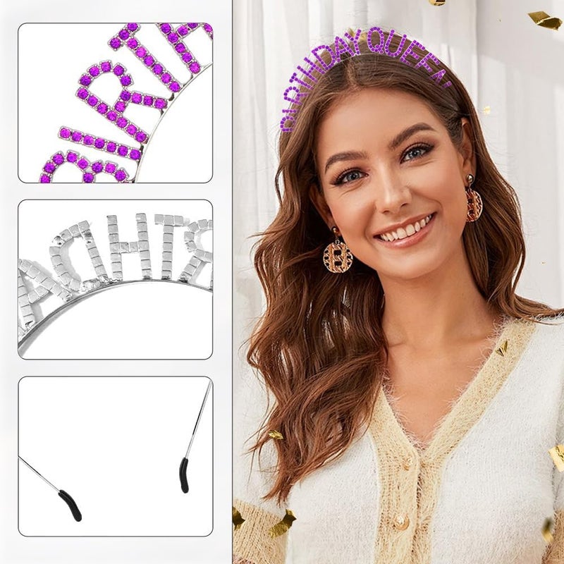 fIkxtvee طقم وشاح وتاج عيد ميلاد لامع للنساء: عصابة رأس مرصعة بأحجار الراين، تاج عيد ميلاد، إكسسوارات زينة الملكة - عصابة رأس عيد ميلاد سعيد (أرجواني) - Image 5